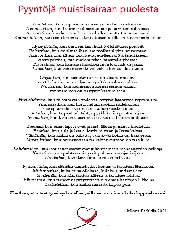 Pyyntöjä muistisairaan puolesta.